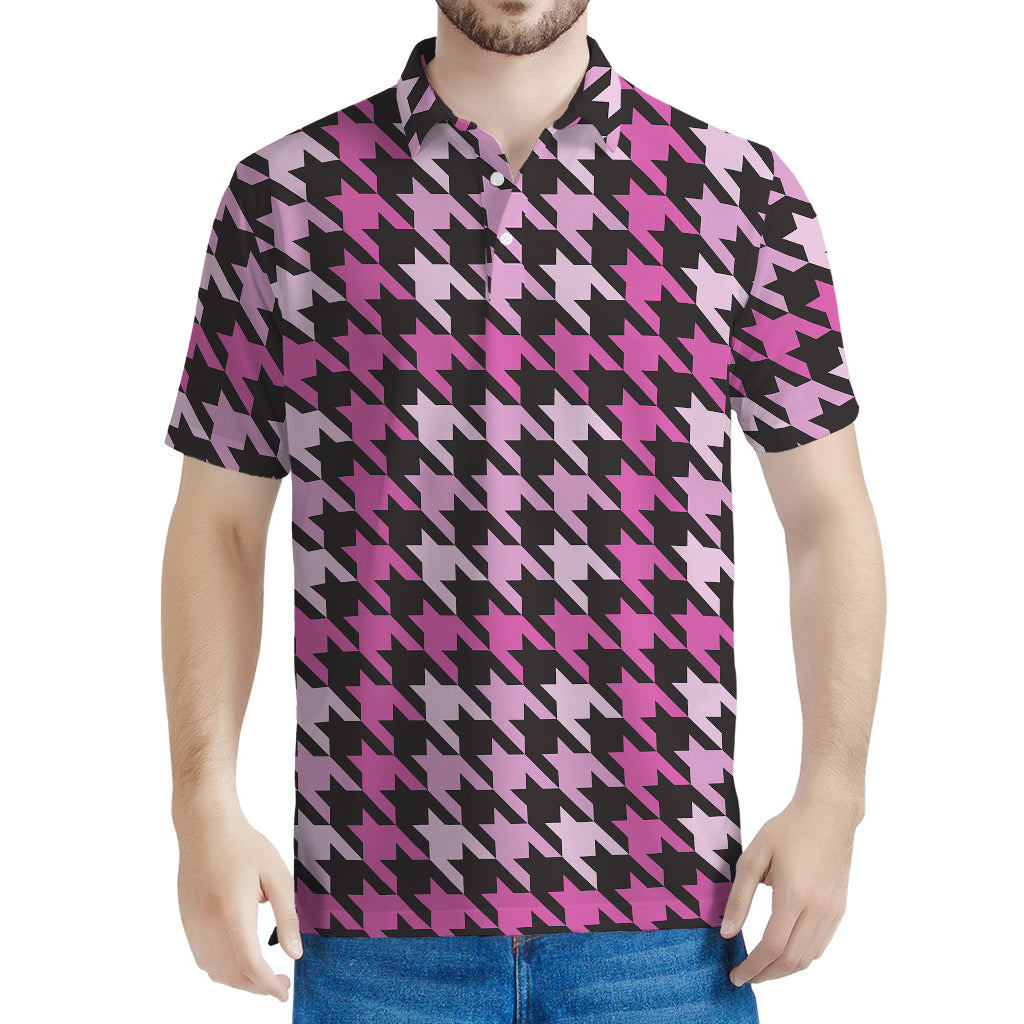 Pink Houndstooth Pattern Print Men's Polo Shirt