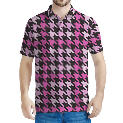 Pink Houndstooth Pattern Print Men's Polo Shirt