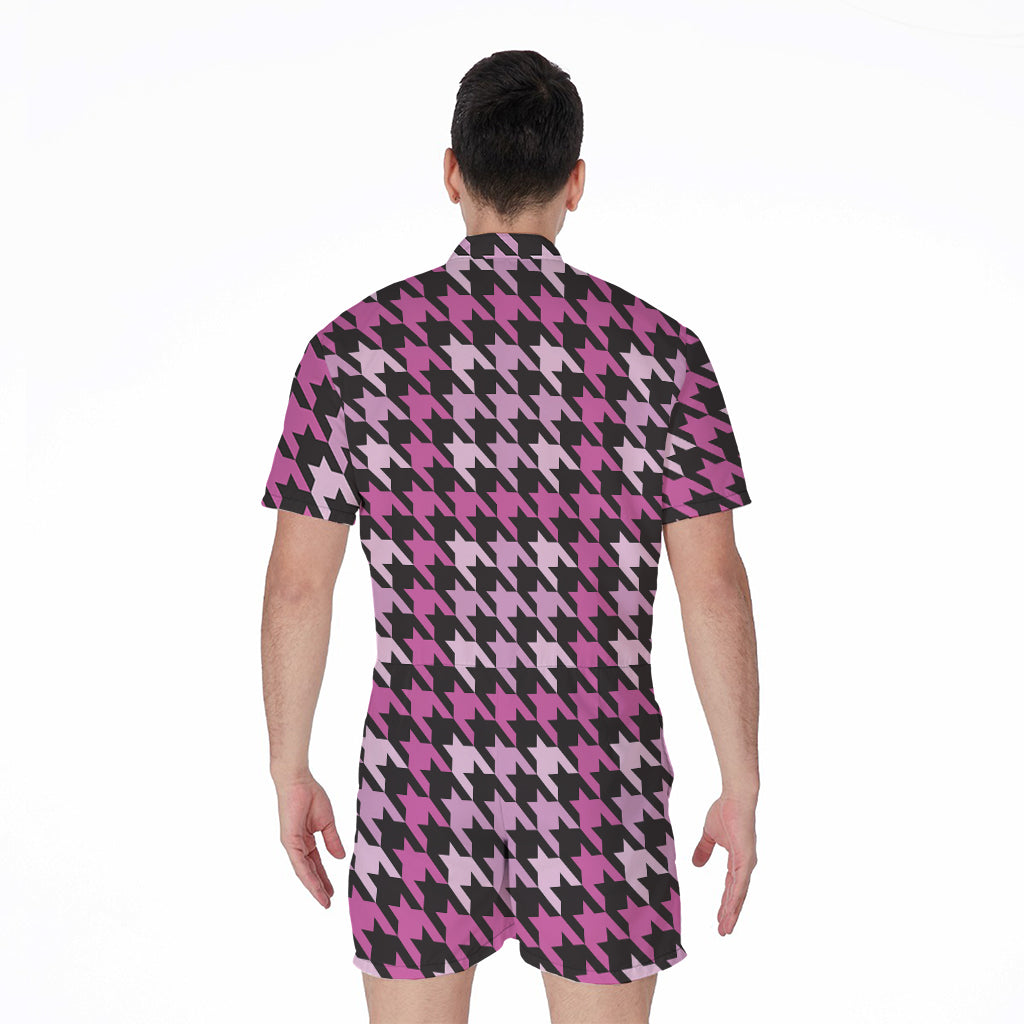 Pink Houndstooth Pattern Print Men's Rompers