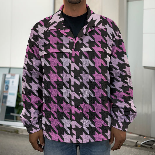 Pink Houndstooth Pattern Print Men's Shirt Jacket