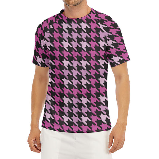 Pink Houndstooth Pattern Print Men's Short Sleeve Rash Guard