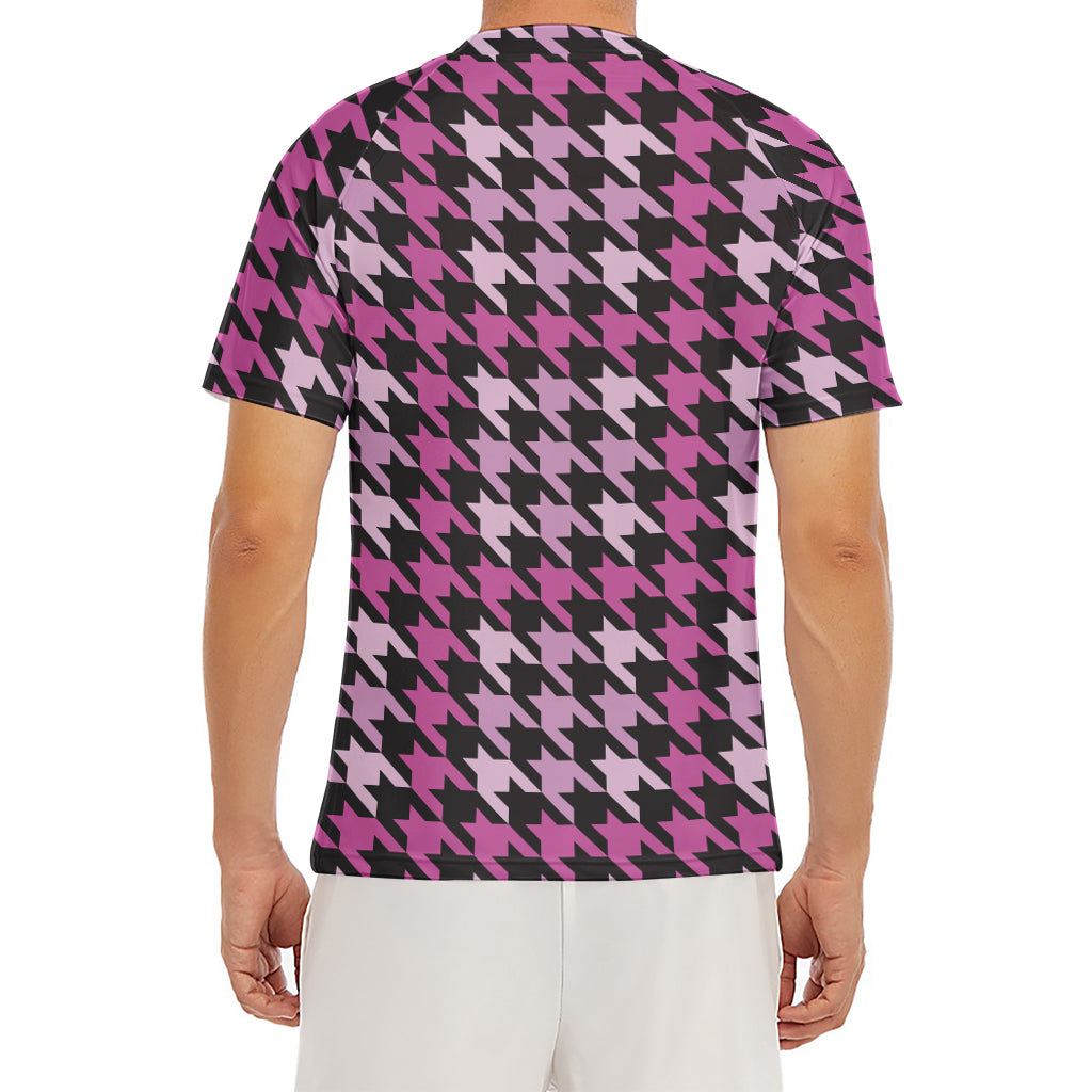 Pink Houndstooth Pattern Print Men's Short Sleeve Rash Guard