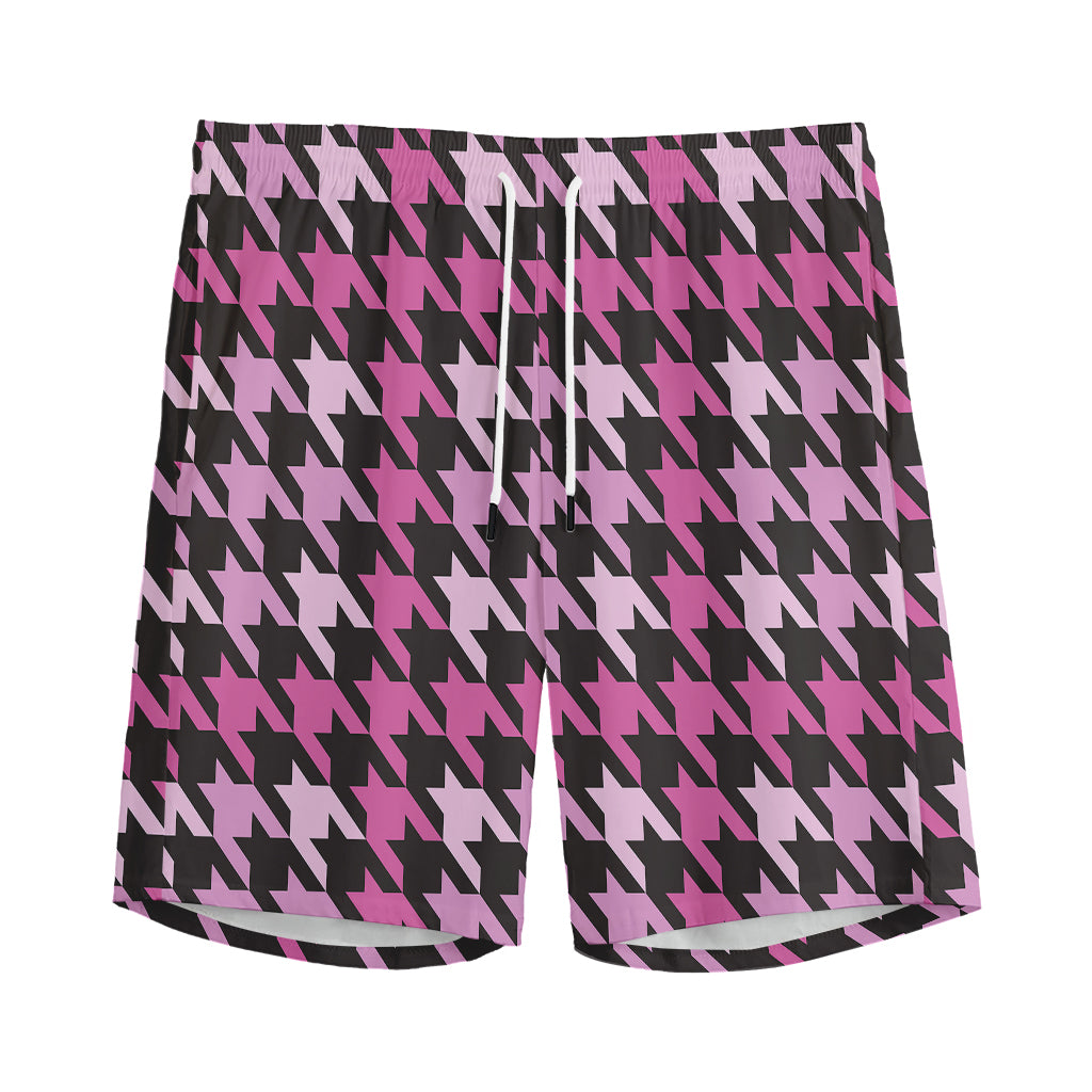 Pink Houndstooth Pattern Print Men's Sports Shorts