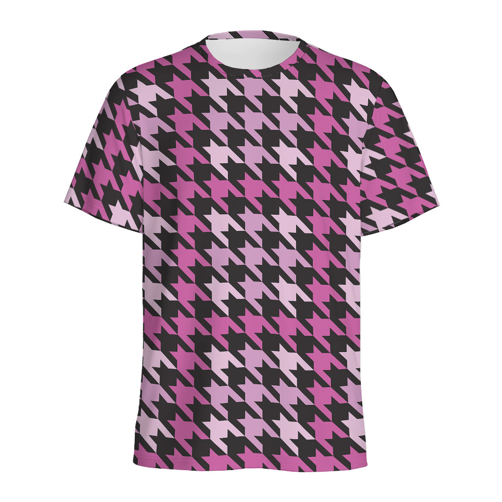 Pink Houndstooth Pattern Print Men's Sports T-Shirt