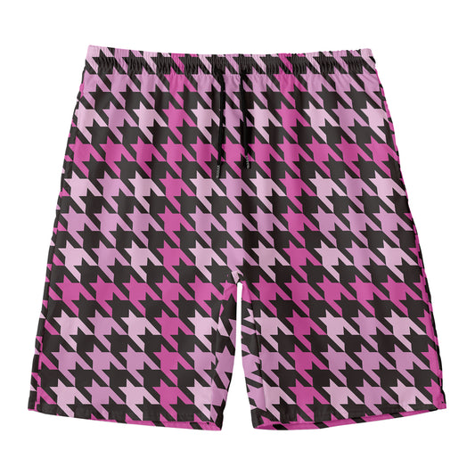 Pink Houndstooth Pattern Print Men's Swim Trunks