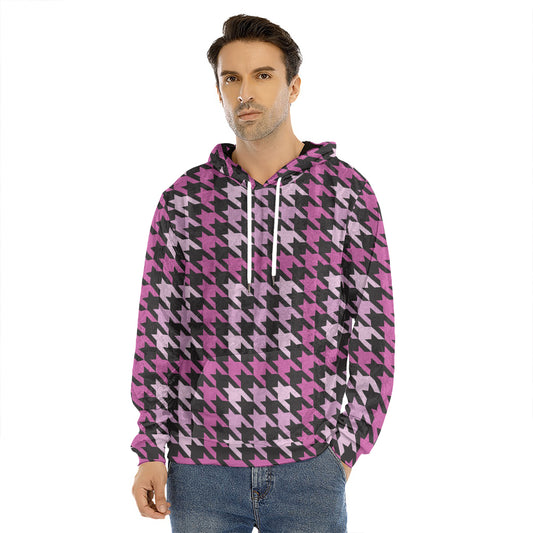 Pink Houndstooth Pattern Print Men's Velvet Pullover Hoodie