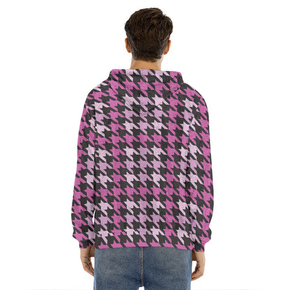 Pink Houndstooth Pattern Print Men's Velvet Pullover Hoodie