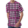 Pink Houndstooth Pattern Print Men's Velvet T-Shirt