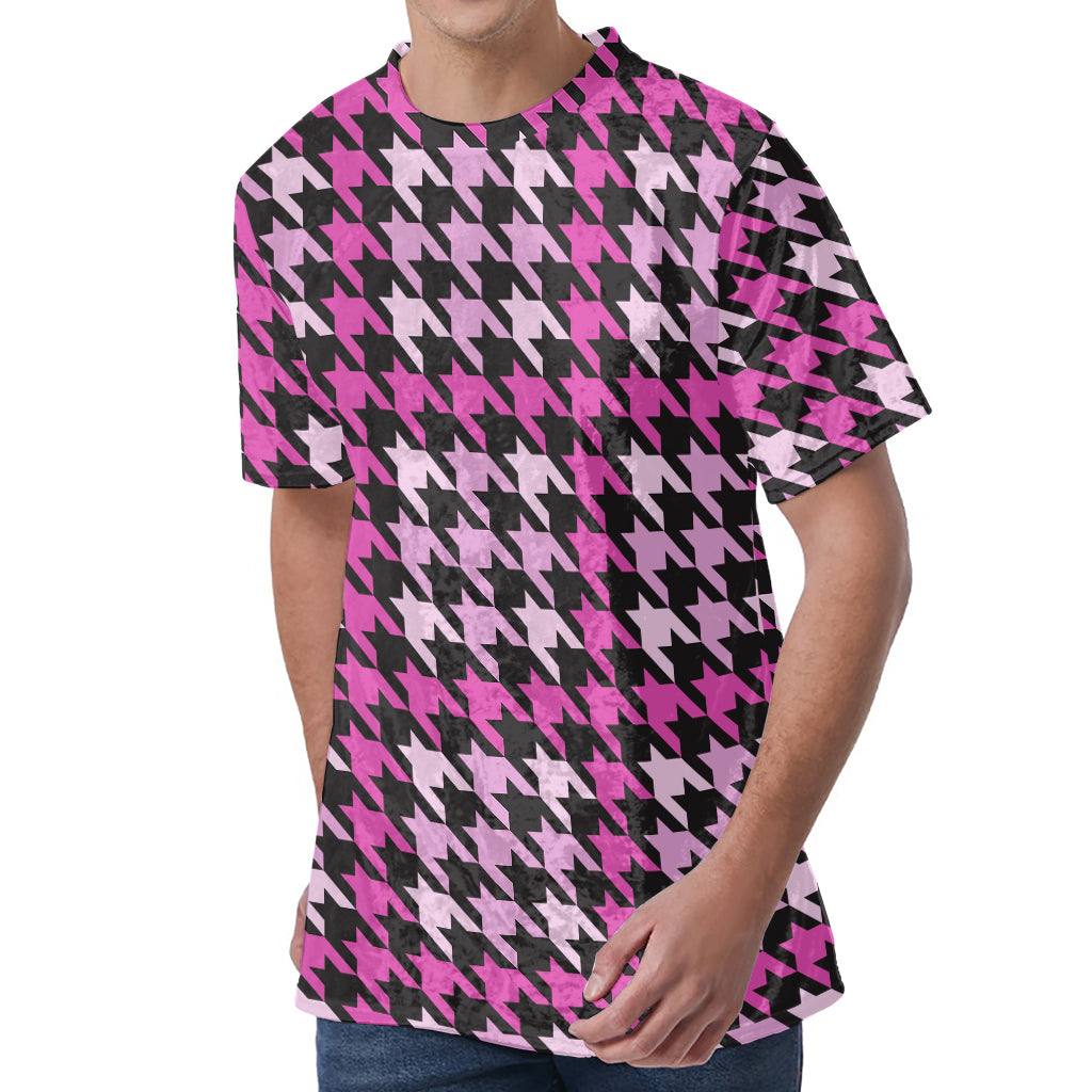 Pink Houndstooth Pattern Print Men's Velvet T-Shirt