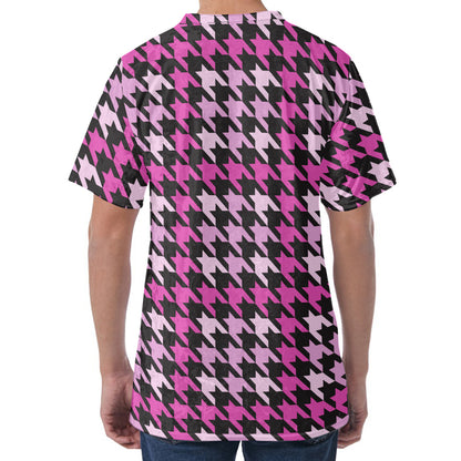 Pink Houndstooth Pattern Print Men's Velvet T-Shirt