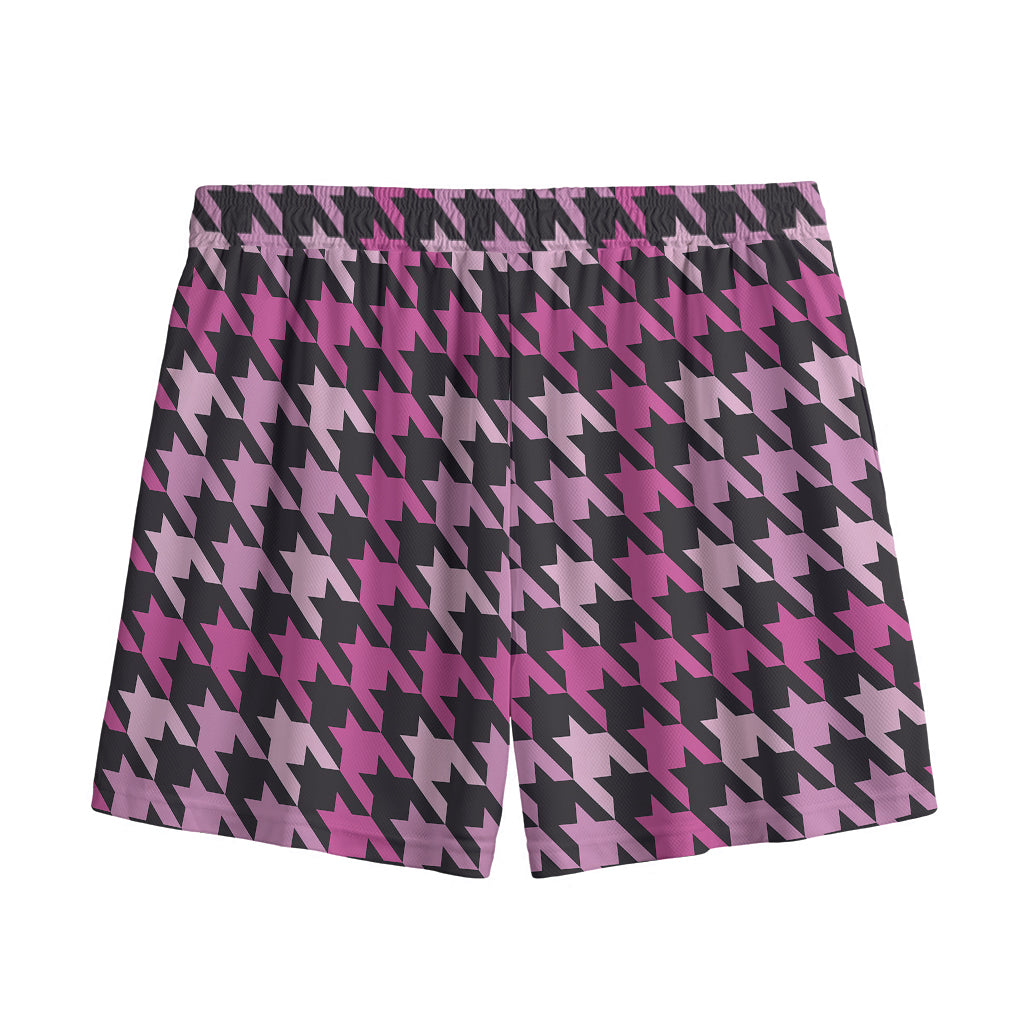 Pink Houndstooth Pattern Print Mesh Shorts