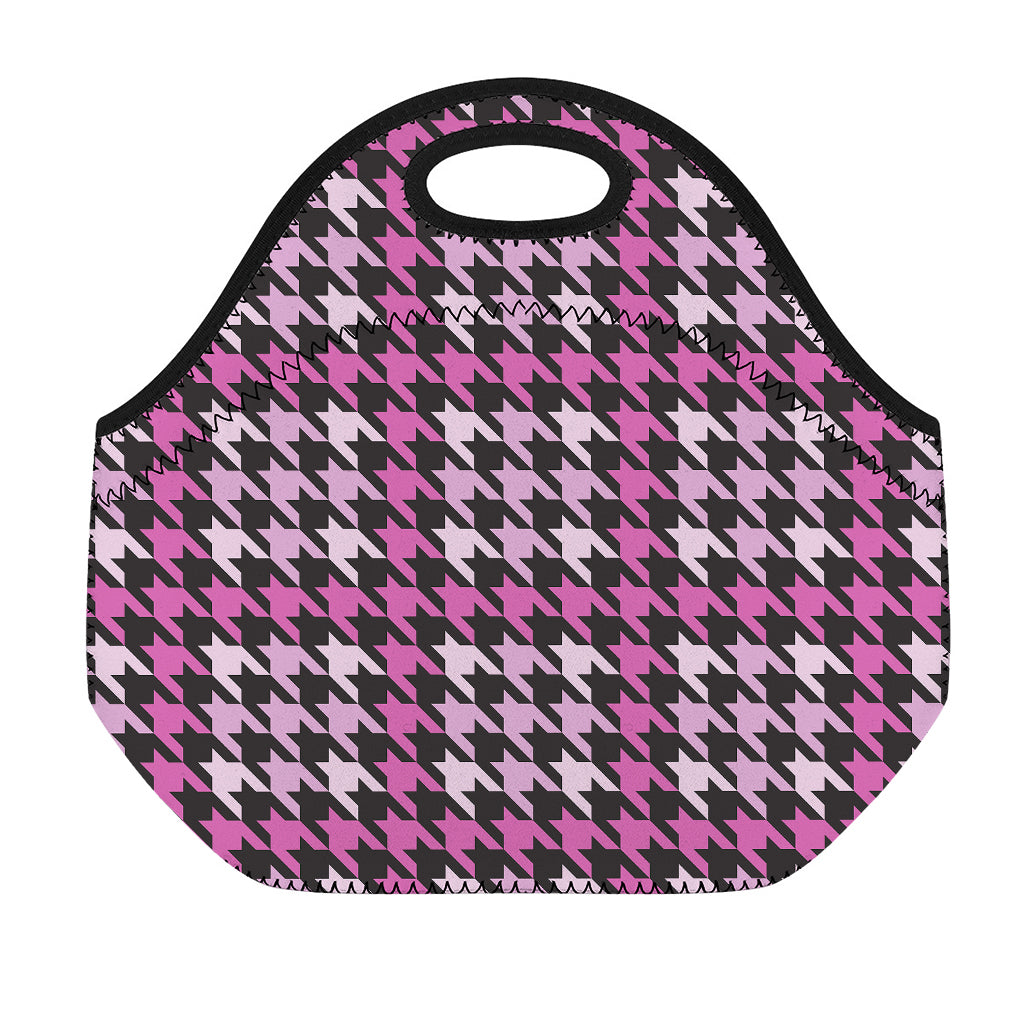 Pink Houndstooth Pattern Print Neoprene Lunch Bag
