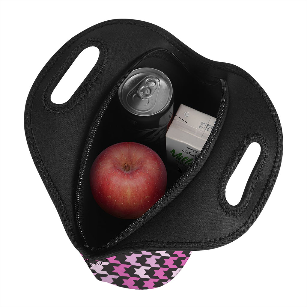 Pink Houndstooth Pattern Print Neoprene Lunch Bag