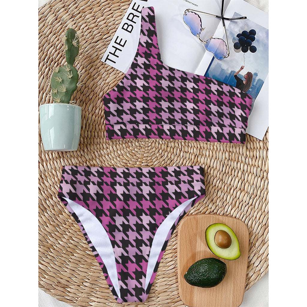 Pink Houndstooth Pattern Print One Shoulder Bikini Top
