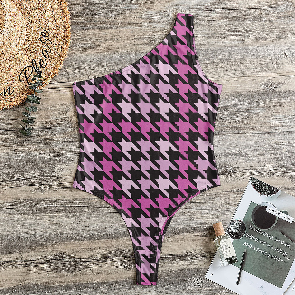 Pink Houndstooth Pattern Print One Shoulder Bodysuit