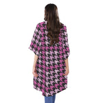 Pink Houndstooth Pattern Print Open Front Beach Cover Up