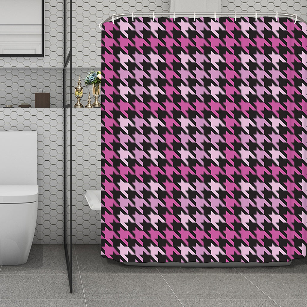 Pink Houndstooth Pattern Print Polyester Shower Curtain