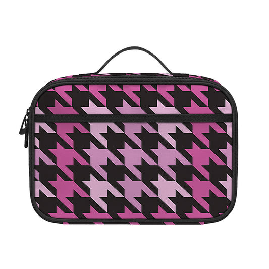 Pink Houndstooth Pattern Print Portable Lunch Bag