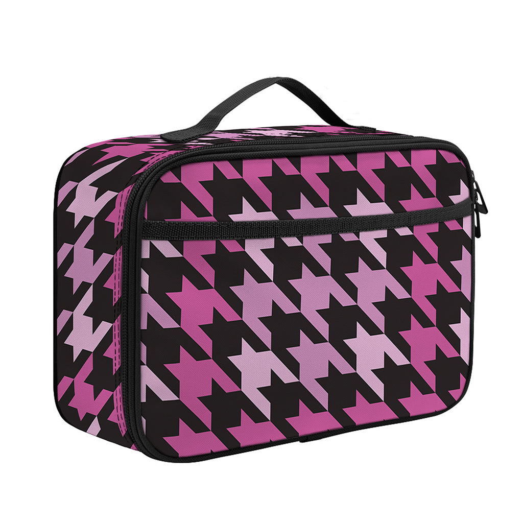 Pink Houndstooth Pattern Print Portable Lunch Bag