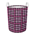 Pink Houndstooth Pattern Print Round Laundry Basket