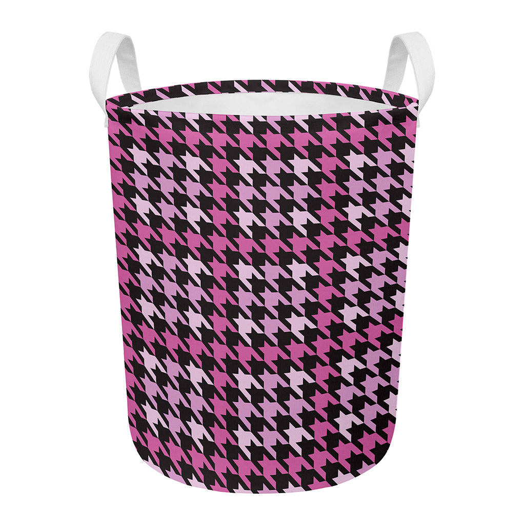 Pink Houndstooth Pattern Print Round Laundry Basket
