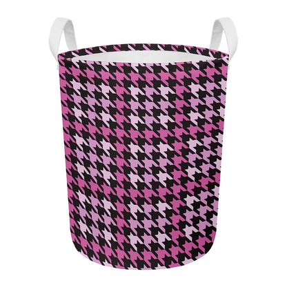 Pink Houndstooth Pattern Print Round Laundry Basket