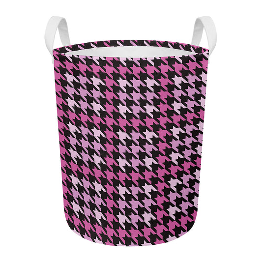 Pink Houndstooth Pattern Print Round Laundry Basket