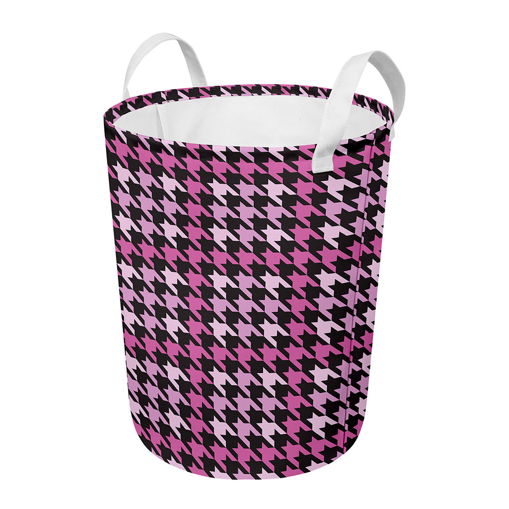Pink Houndstooth Pattern Print Round Laundry Basket