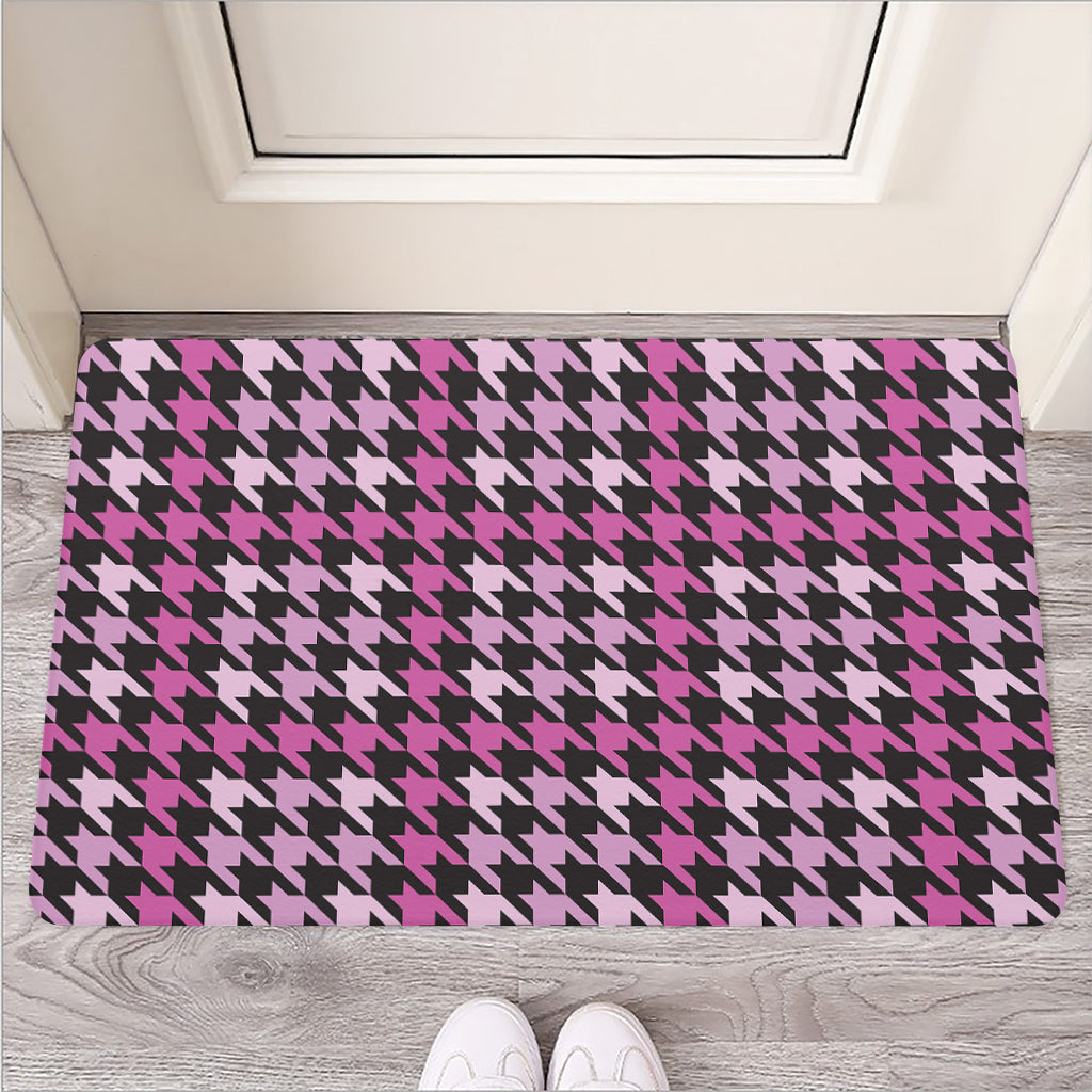 Pink Houndstooth Pattern Print Rubber Doormat