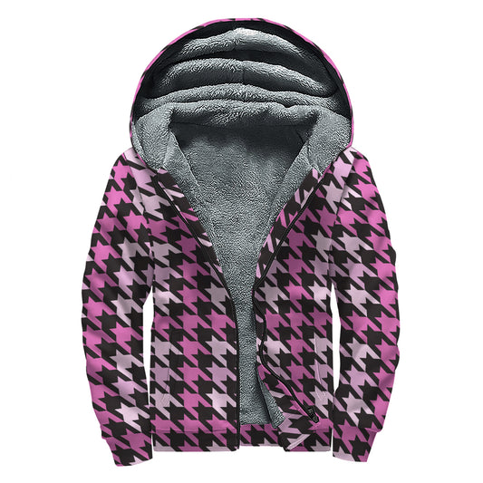 Pink Houndstooth Pattern Print Sherpa Lined Zip Up Hoodie