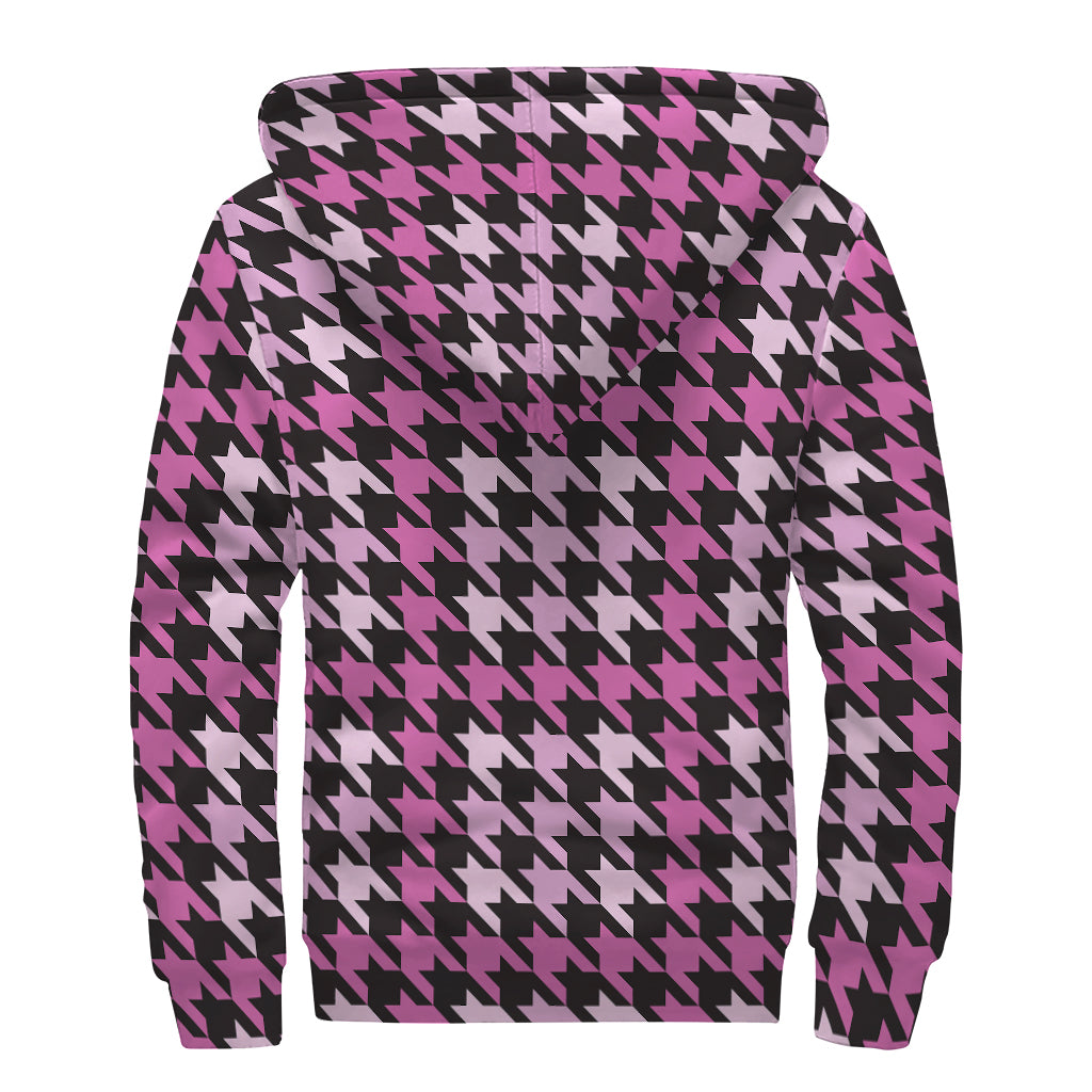 Pink Houndstooth Pattern Print Sherpa Lined Zip Up Hoodie