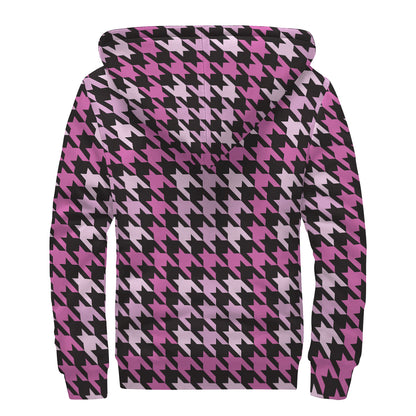 Pink Houndstooth Pattern Print Sherpa Lined Zip Up Hoodie