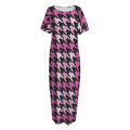 Pink Houndstooth Pattern Print Short Sleeve Long Nightdress