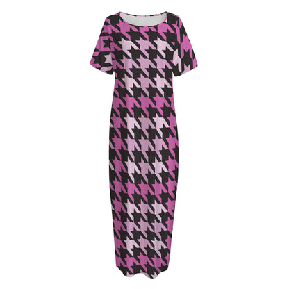Pink Houndstooth Pattern Print Short Sleeve Long Nightdress