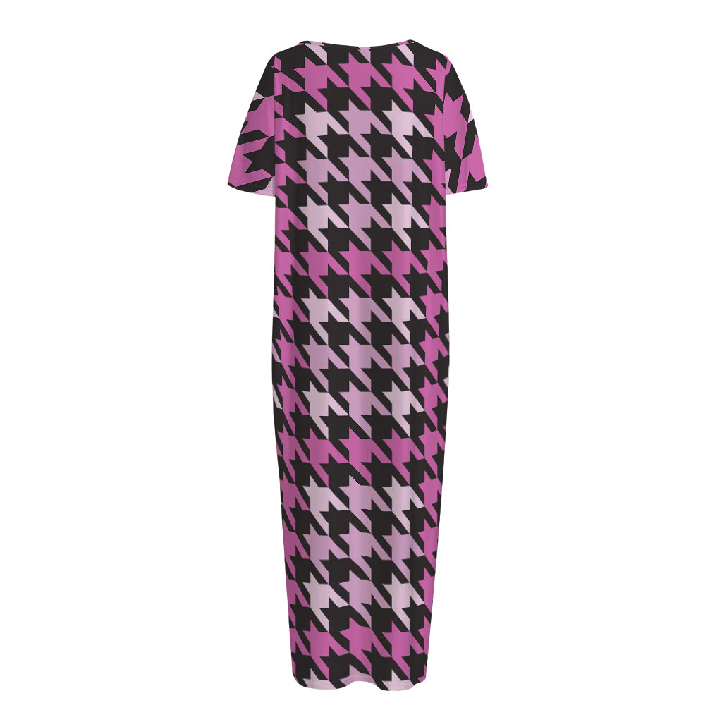 Pink Houndstooth Pattern Print Short Sleeve Long Nightdress