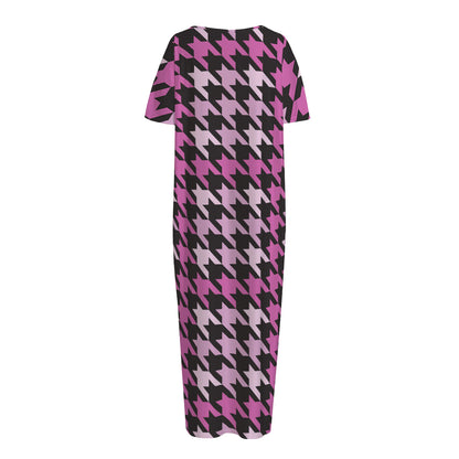 Pink Houndstooth Pattern Print Short Sleeve Long Nightdress