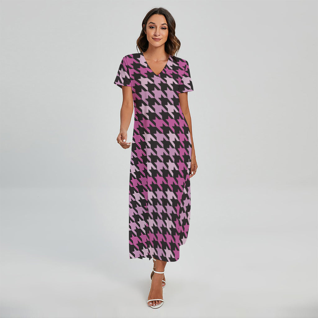 Pink Houndstooth Pattern Print Short Sleeve Maxi Dress
