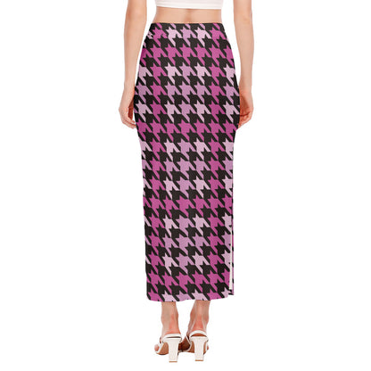 Pink Houndstooth Pattern Print Side Slit Maxi Skirt