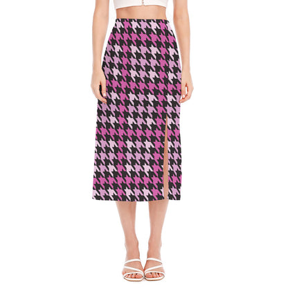 Pink Houndstooth Pattern Print Side Slit Midi Skirt