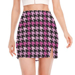 Pink Houndstooth Pattern Print Side Slit Mini Skirt