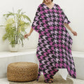 Pink Houndstooth Pattern Print Silk V-Neck Kaftan Dress