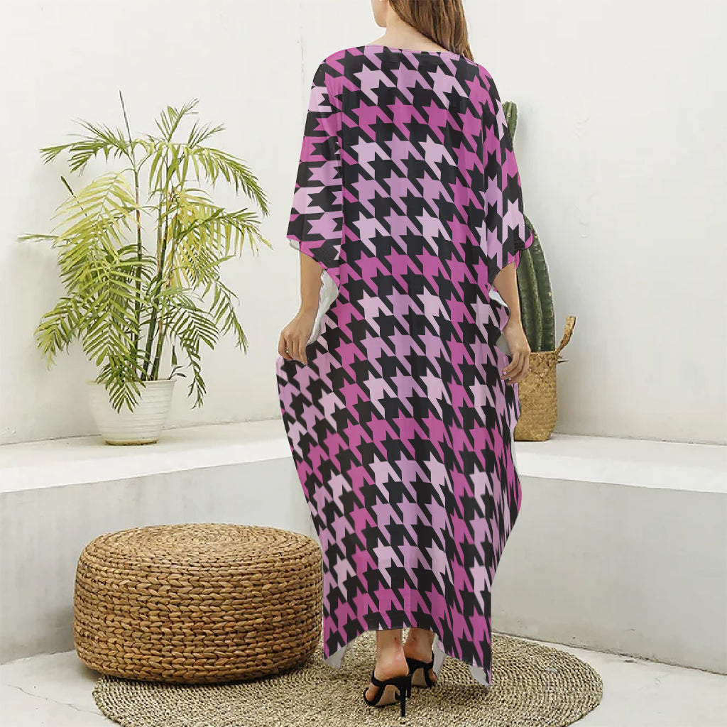 Pink Houndstooth Pattern Print Silk V-Neck Kaftan Dress