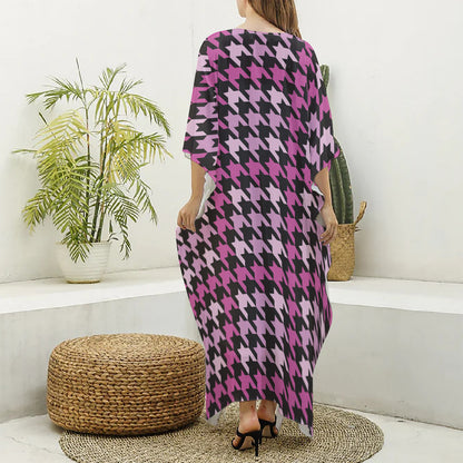 Pink Houndstooth Pattern Print Silk V-Neck Kaftan Dress