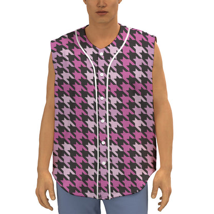 Pink Houndstooth Pattern Print Sleeveless Baseball Jersey