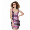 Pink Houndstooth Pattern Print Sleeveless Bodycon Dress