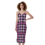 Pink Houndstooth Pattern Print Slim Fit Midi Cami Dress