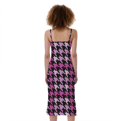 Pink Houndstooth Pattern Print Slim Fit Midi Cami Dress