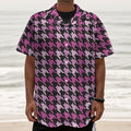 Pink Houndstooth Pattern Print Textured Short Sleeve Shirt