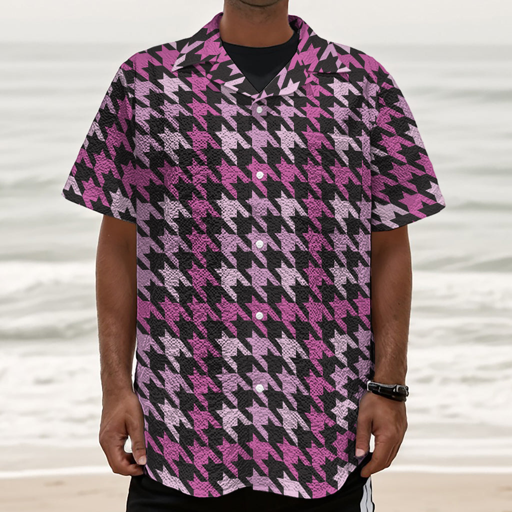 Pink Houndstooth Pattern Print Textured Short Sleeve Shirt