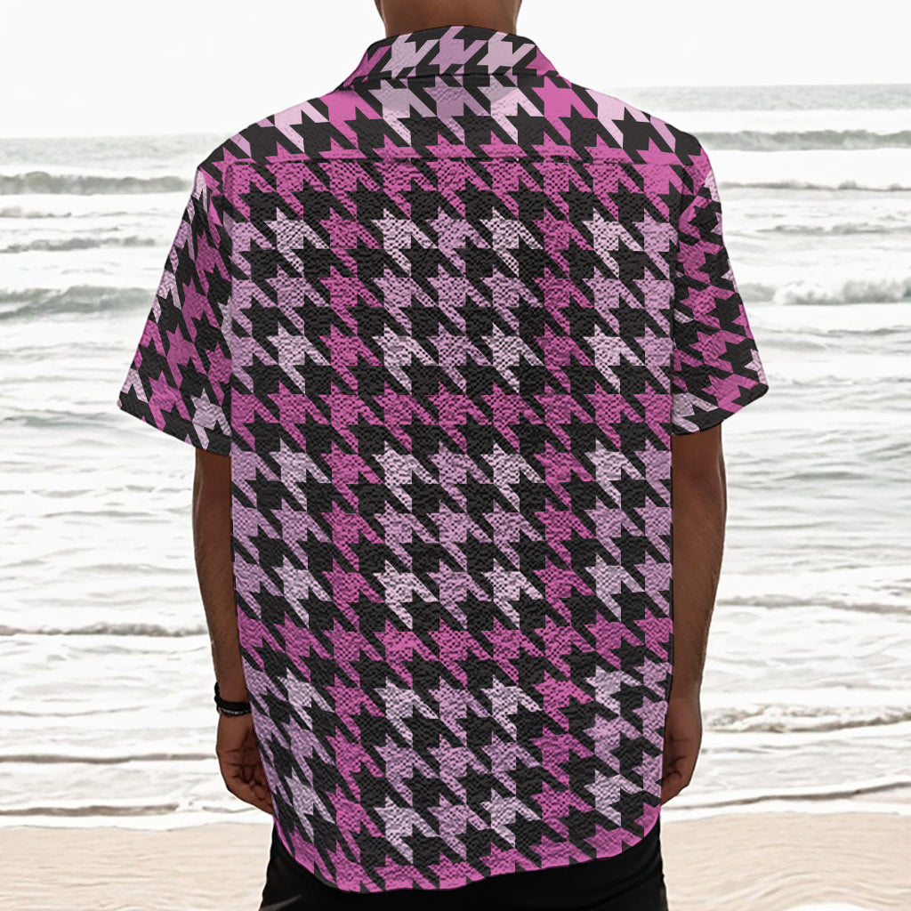 Pink Houndstooth Pattern Print Textured Short Sleeve Shirt
